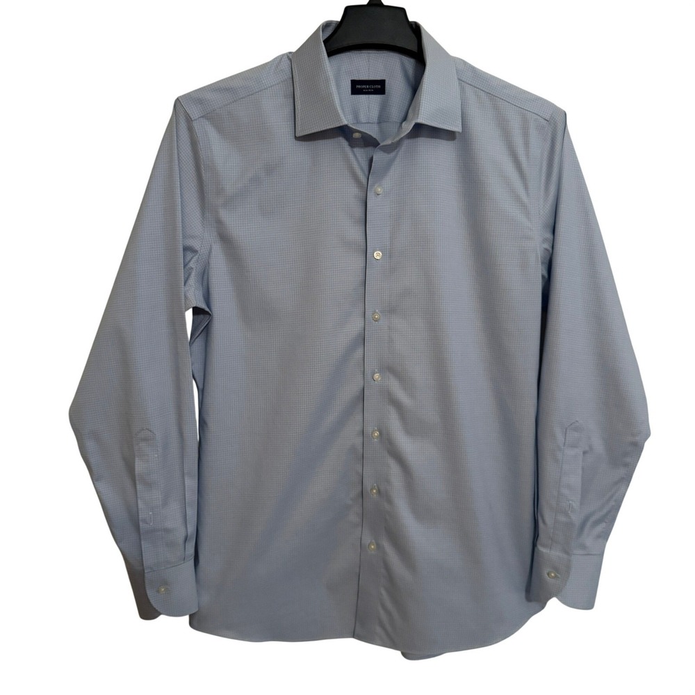 Proper Cloth Button Down Shirt Mens L Non-Iron Stretch Sky Blue Mini Grid Twill